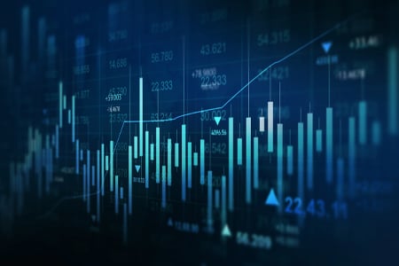 Blue financial chart showing market data and upward trend